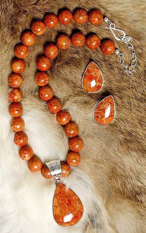 Orange Coral Necklace,Pendant & Earring Set - Southwest Indian Foundation