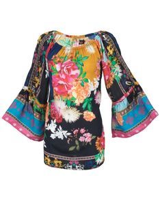 Multi-Color Flower on Black Tunic