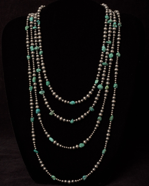 Native American Coral & Kingman Turquoise Necklace With Sterling Silver Navajo Pearls