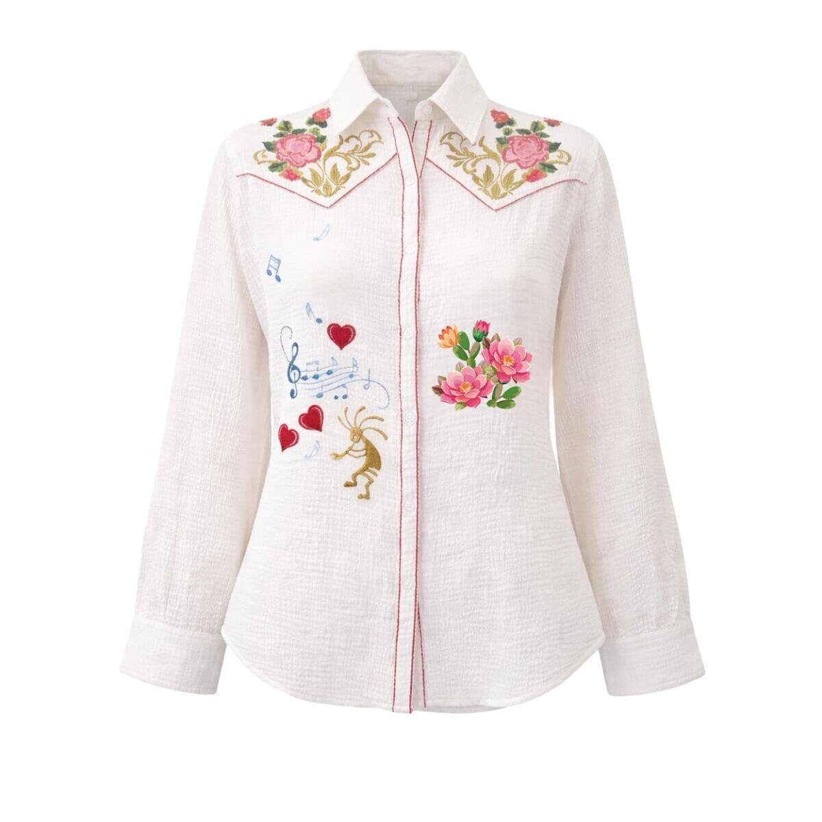 White Embroidered Floral & Kokopelli Button Up - Southwest Indian ...