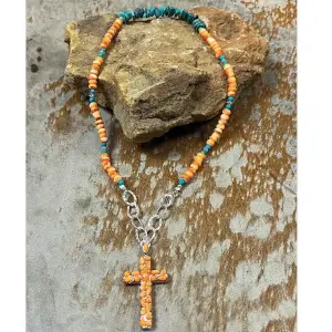 Cross Necklace With Orange Spiny Oyster and Turquoise