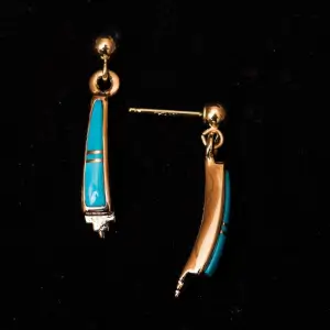 Gold and Turquoise Inlay Dangle Earrings