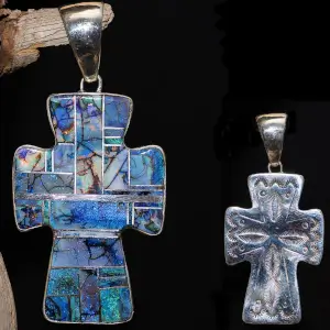 Lapis, Turquoise & Spider Opal Thick Cross Pendant