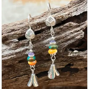 Polished Stone and Silver Squash Blossom Earrings