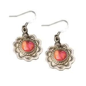 Round Stone Dangle Earrings Set in Etched Silver Flower