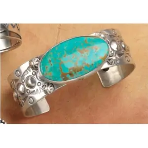 Silver Stamped Oval Turquoise Bracelet
