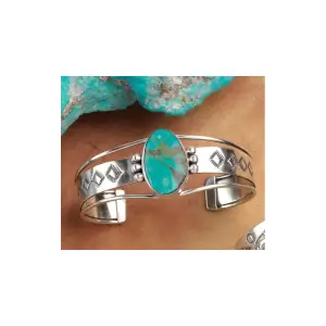 Silver Stamped Oval Turquoise Bracelet