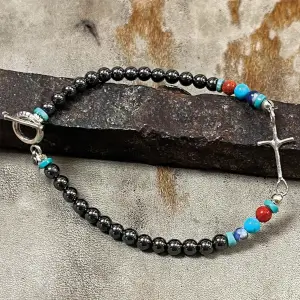 Turquoise and Polished Beads Cross Bracelet