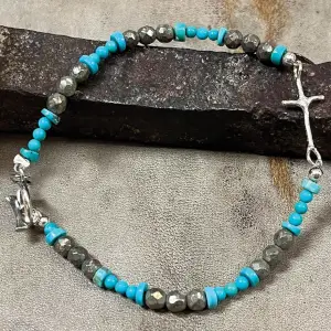 Turquoise and Pyrite Beads Cross Bracelet