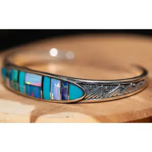Turquoise & Spider Opal Carved Cuff Bracelet