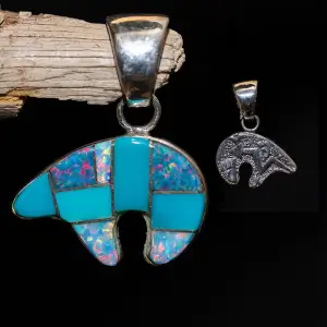 Turquoise & Spider Opal Native Bear Pendant with Carved Silver