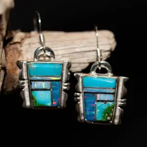 Turquoise and Spider Opal Square Dangle Earrings