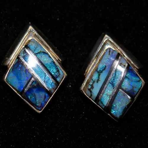 Lapis, Turquoise & Spider Opal Diamond Shape Earrings