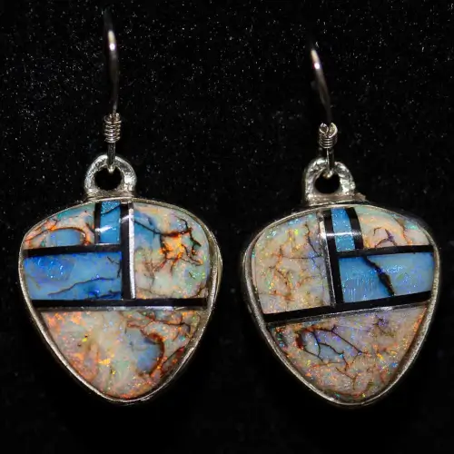 Lapis, Turquoise & Spider Opal Triangle Drop Earrings