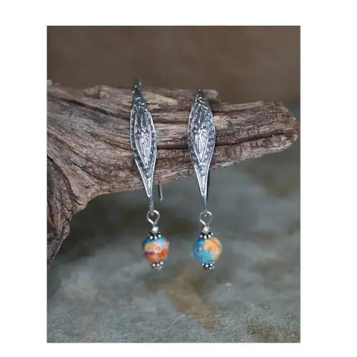 Long Sterling Silver Earrings with Turquoise and Spiney Dangles